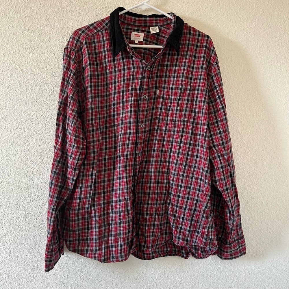 Levi’s Men’s Flannel Button Up XXL Red Black Corduroy Collar Unisex Grandpa